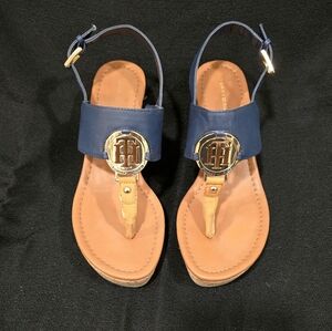 Tommy Hifiger Blue & Gold Wedge Sandals, Size 6.5